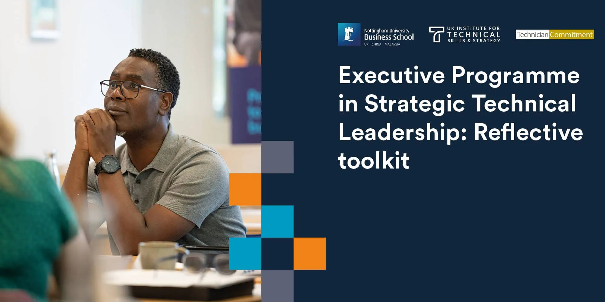A graphic featuring a man in a thoughtful pose, overlaid with programme branding and logos from Nottingham Business School and supporting organisations.