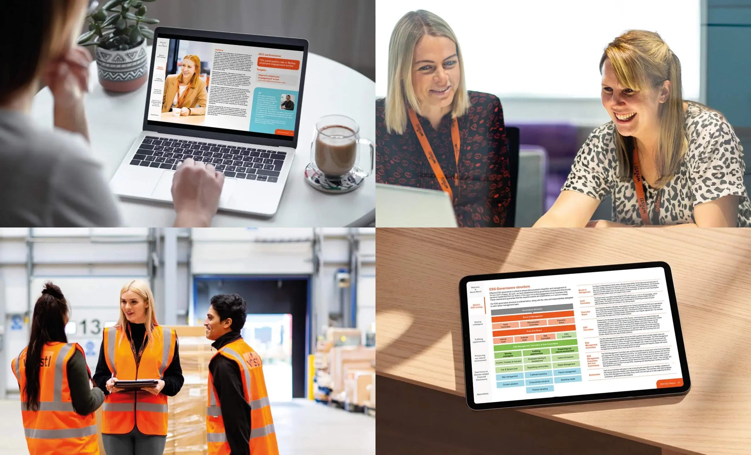The image is split into 4 sections. Top Left: A laptop displaying an internal page of the ESG report. Top Right: Two women engaged in discussion, wearing Whistl-branded lanyards. Bottom Left: Whistl team members in a warehouse, dressed in orange high-visibility jackets. Bottom Right: A tablet presenting an interactive segment of the ESG report.