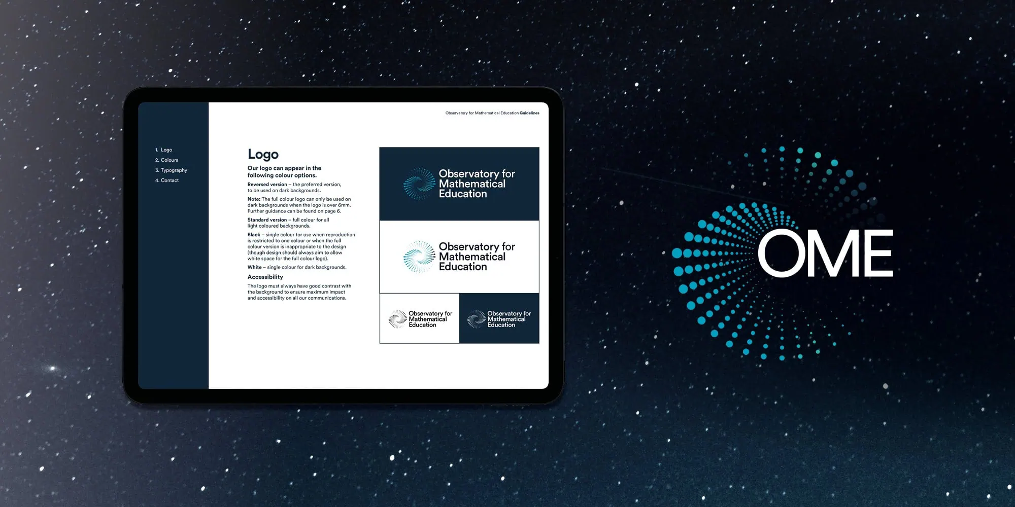 An Observatory for Mathematical Education brand guidelines preview displayed on a tablet, showcasing logo variations and usage rules. Next to it is the OME logo, featuring a spiral galaxy-inspired design against a starry background.