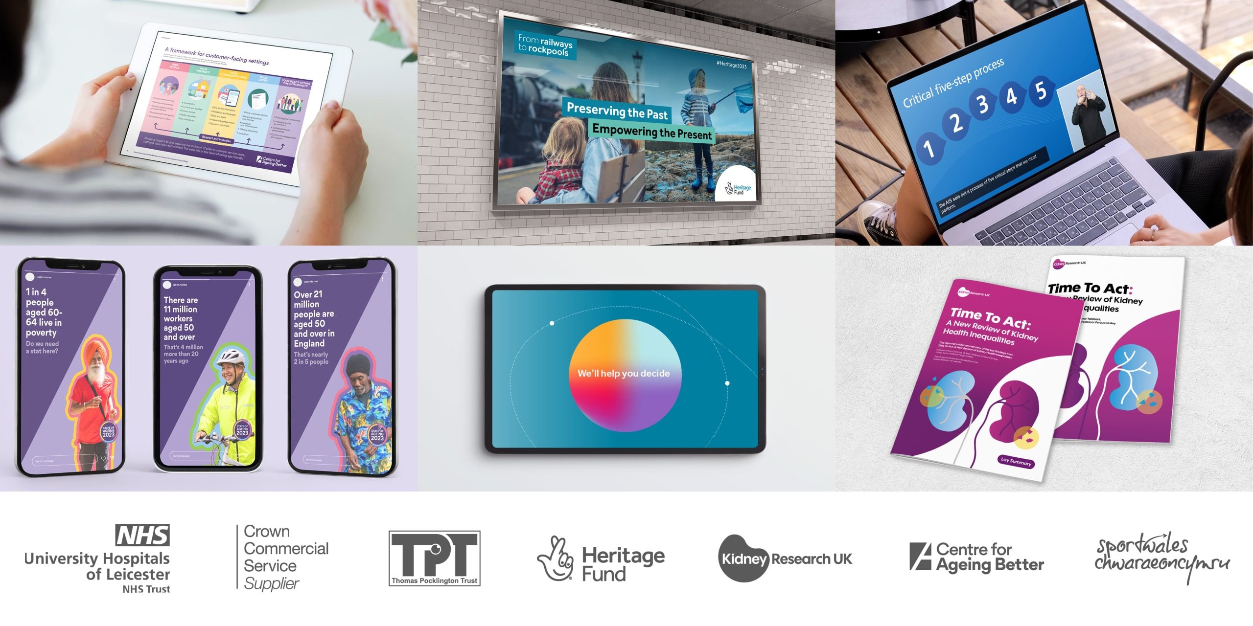 A collage of charity sector design projects. The image includes various digital and print materials such as an animation displayed on a tablet, a large outdoor campaign billboard promoting heritage preservation, a laptop screen showing an animated e-learning video with sign language support, and three mobile screens showcasing social media assets about ageing statistics. Additionally, there is a colourful decision-making interface on a tablet, and two printed reports. At the bottom, logos of NHS Trust, Crown Commercial Service Supplier, Thomas Pocklington Trust, National Lottery Heritage Fund, Kidney Research UK, Centre for Ageing Better, and Sport Wales are displayed.